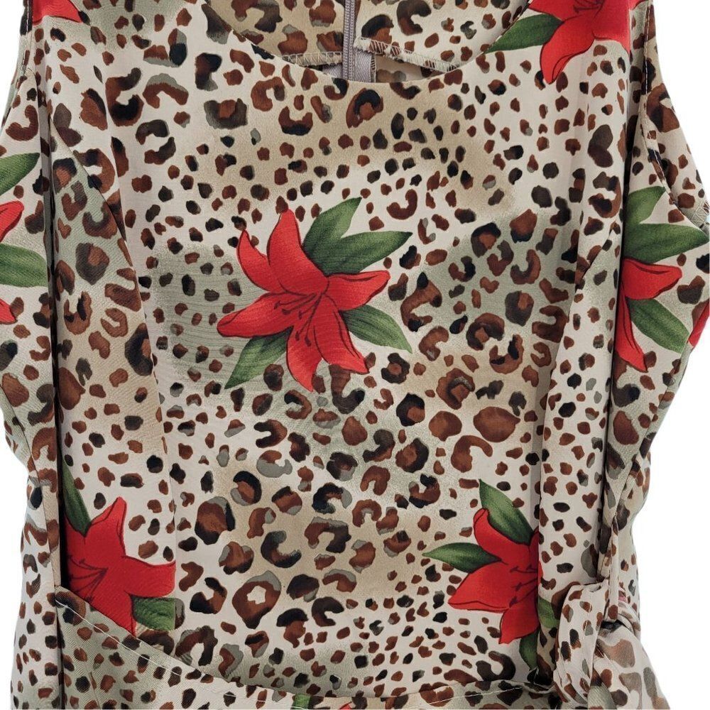 Vintage Tan Leopard Red Lily Print Sleeveless Mock Side Tie Hostess Dress Sz M - Picture 7 of 14